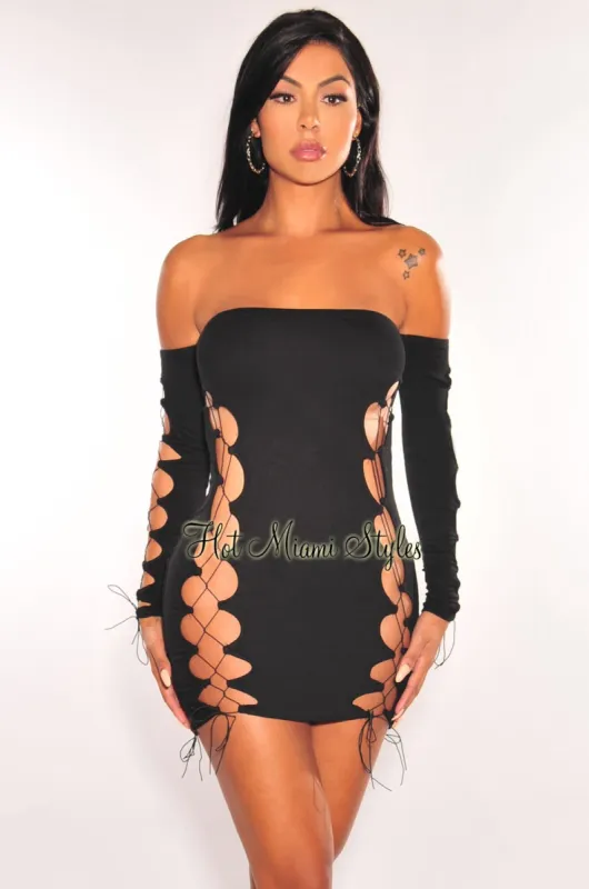 Black Off Shoulder Long Sleeve Lace Up Mini Dress sold by Hot Miami Styles