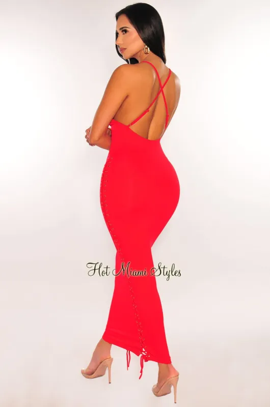 Red Chain Straps Crisscross Back Laced Side Midi Dress sold by Hot Miami Styles