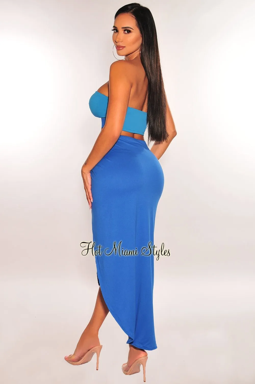 Blue Two Toned Strapless O Ring Cut Out Slit Skirt Two Piece Set sold by Hot Miami Styles product image thumbnail 2