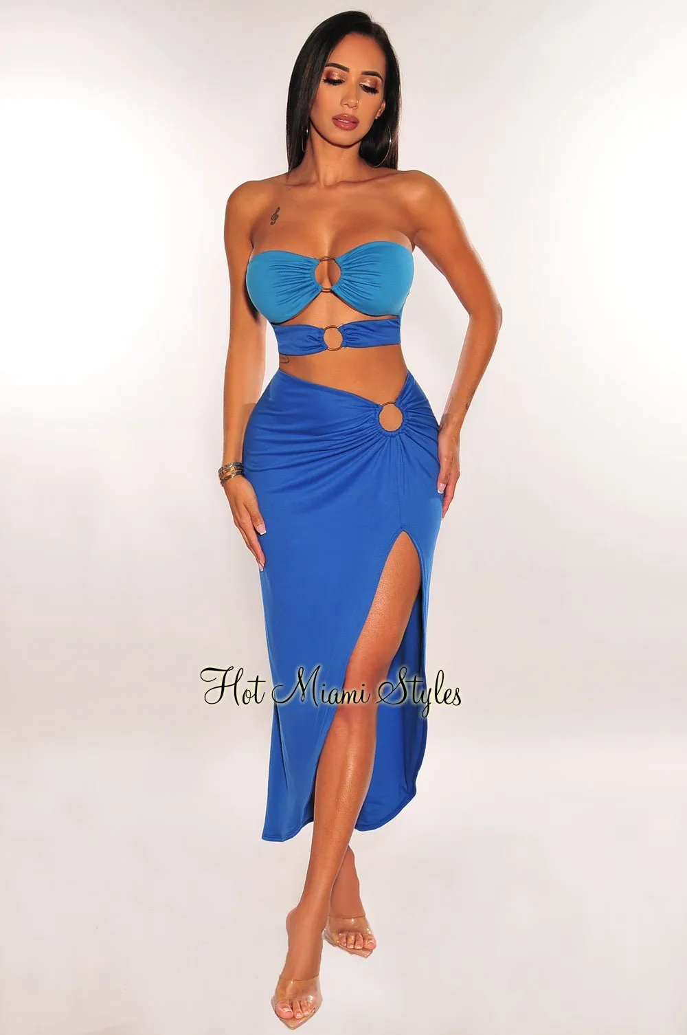 Blue Two Toned Strapless O Ring Cut Out Slit Skirt Two Piece Set sold by Hot Miami Styles