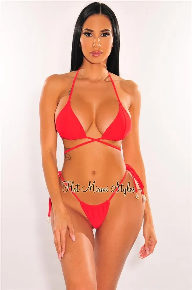 Red Padded Halter Wrap Around Tie Up Shells Bikini Top sold by Hot Miami Styles