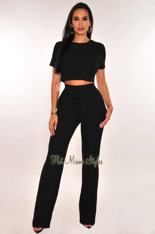 Black Ribbed Short Sleeve Wide Leg Pants Two Piece Set sold by Hot Miami Styles