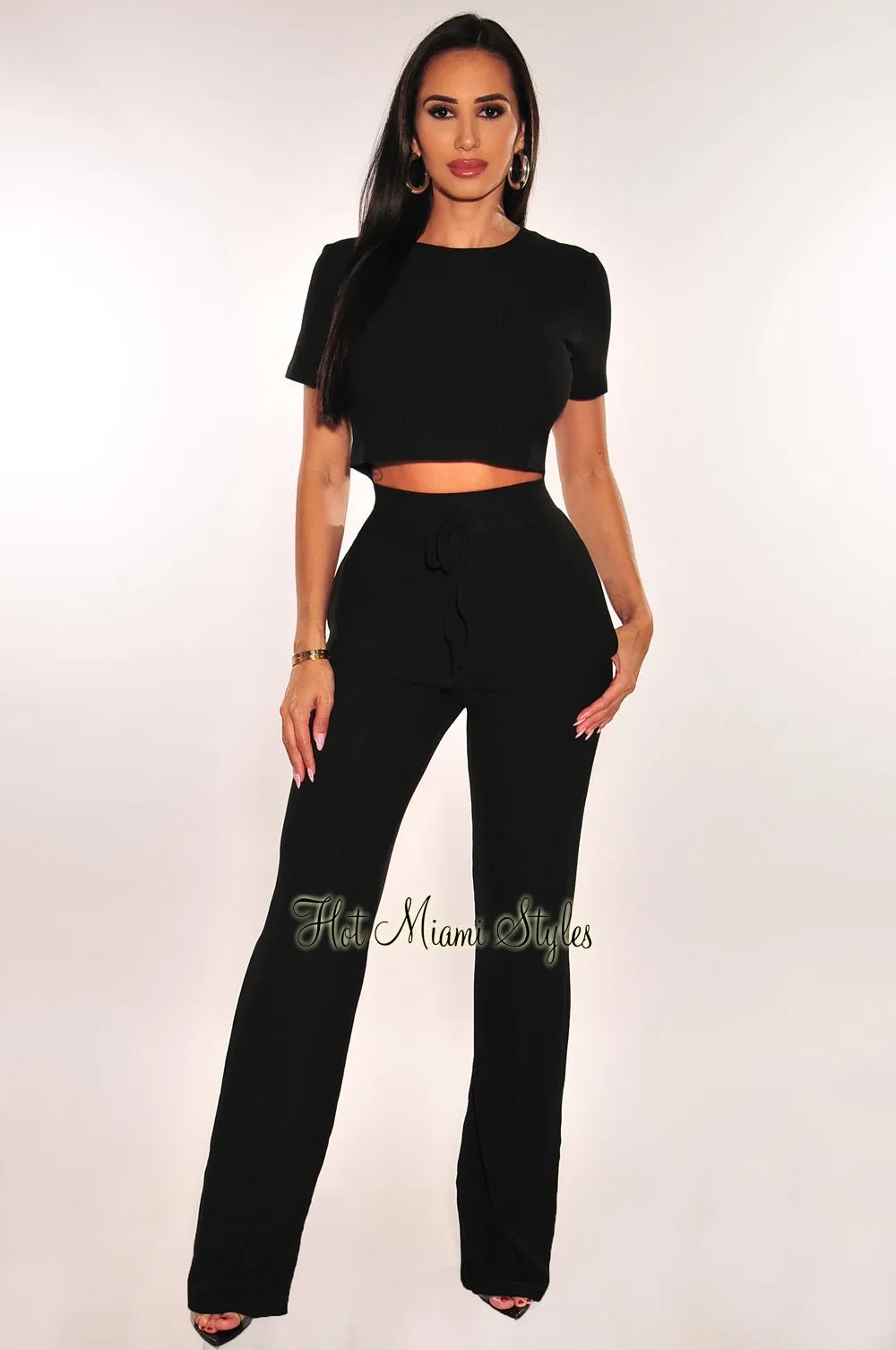 Black Ribbed Short Sleeve Wide Leg Pants Two Piece Set sold by Hot Miami Styles