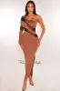 Mocha Black Mesh One Sleeve Slit Midi Dress sold by Hot Miami Styles