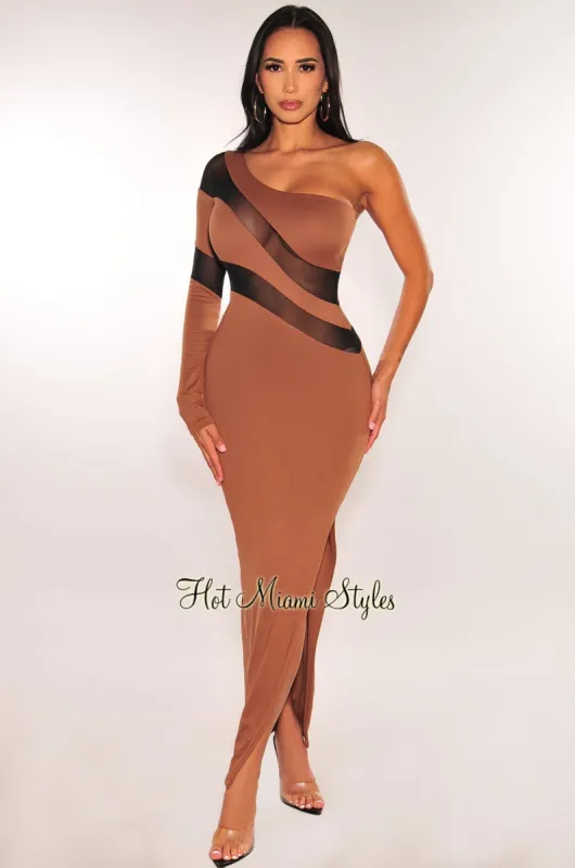 Mocha Black Mesh One Sleeve Slit Midi Dress sold by Hot Miami Styles