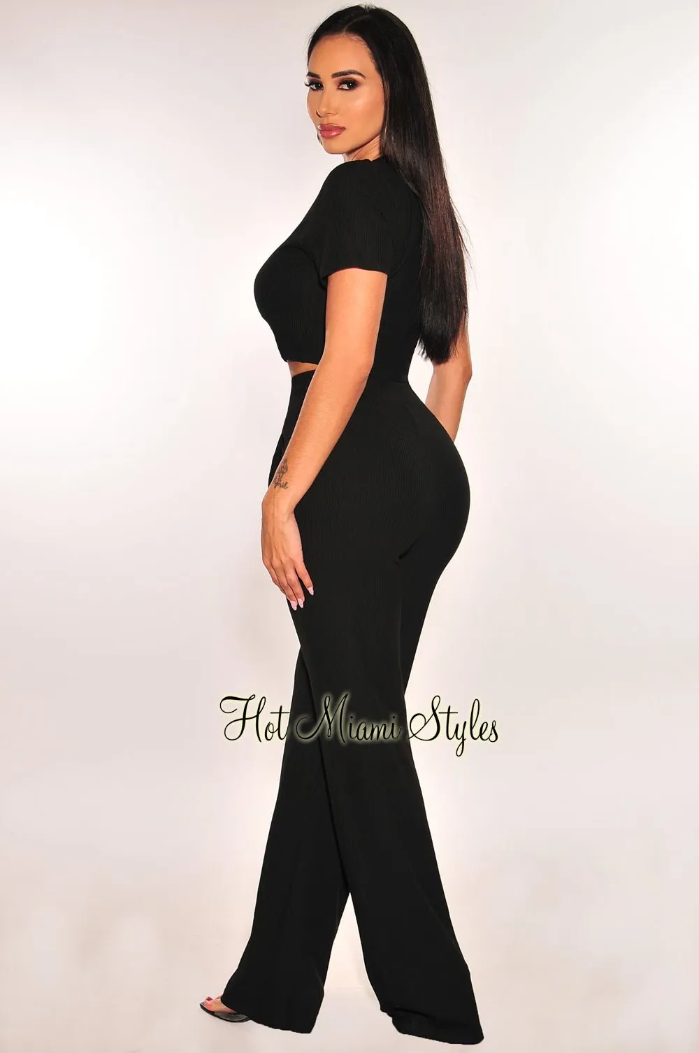 Black Ribbed Short Sleeve Wide Leg Pants Two Piece Set sold by Hot Miami Styles product image thumbnail 2