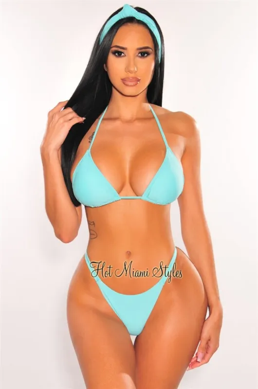 Light Aqua Padded Triangle Scrunch Butt Bikini + Headband sold by Hot Miami Styles
