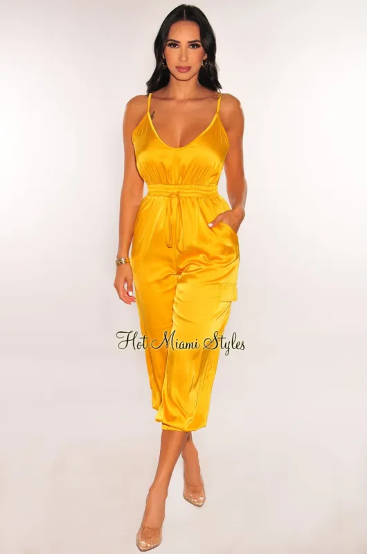 Yellow Gold Satin Spaghetti Strap Snatched Jumpsuit sold by Hot Miami Styles