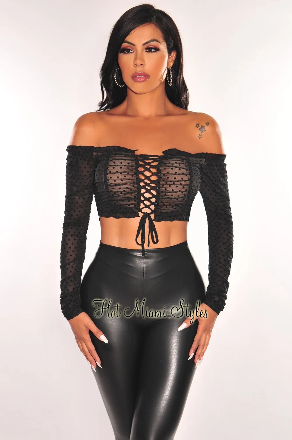 Black Polka Dot Off Shoulder Long Sleeve Lace Up Ruched Crop Top sold by Hot Miami Styles