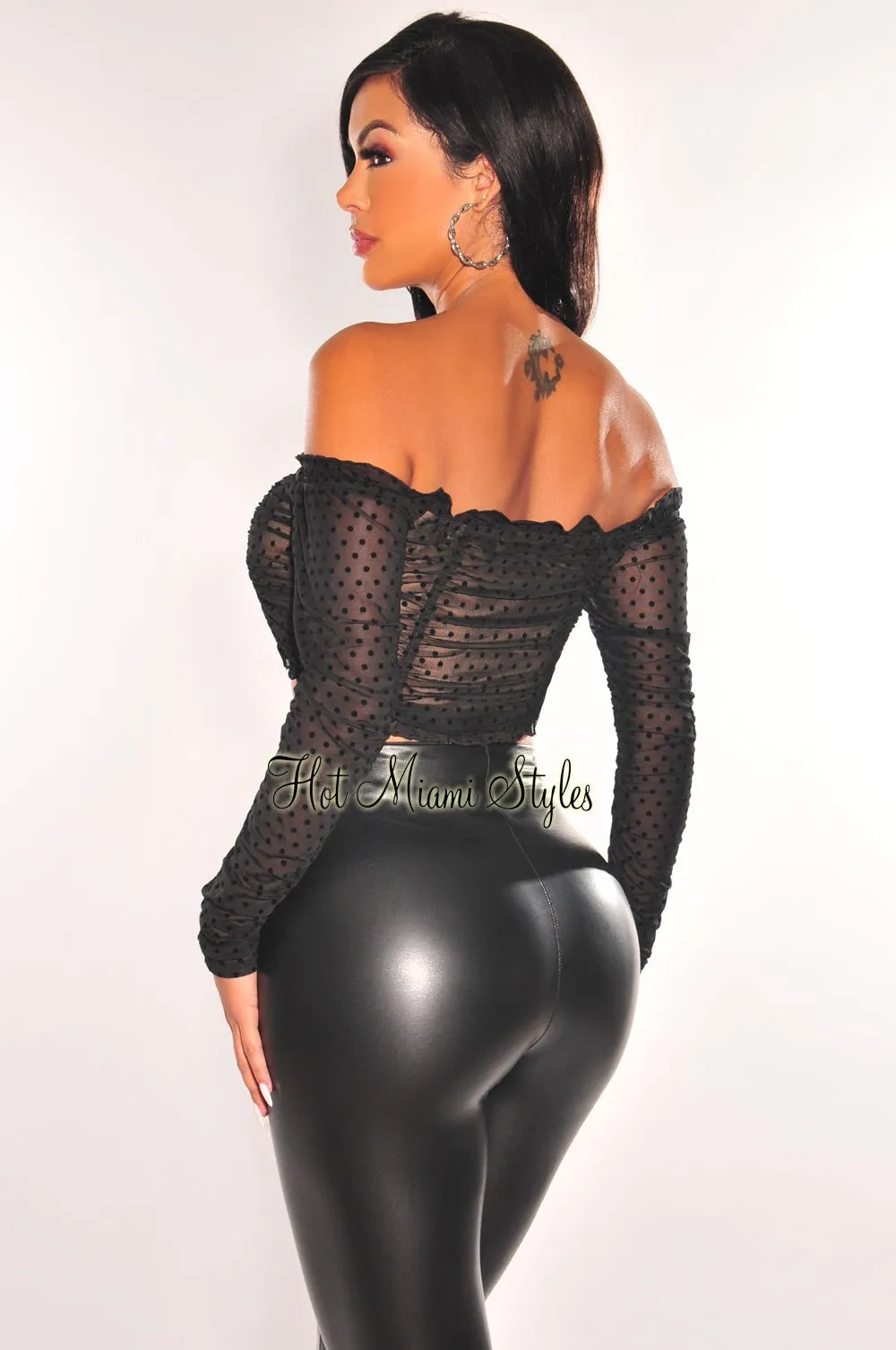 Black Polka Dot Off Shoulder Long Sleeve Lace Up Ruched Crop Top sold by Hot Miami Styles product image thumbnail 2