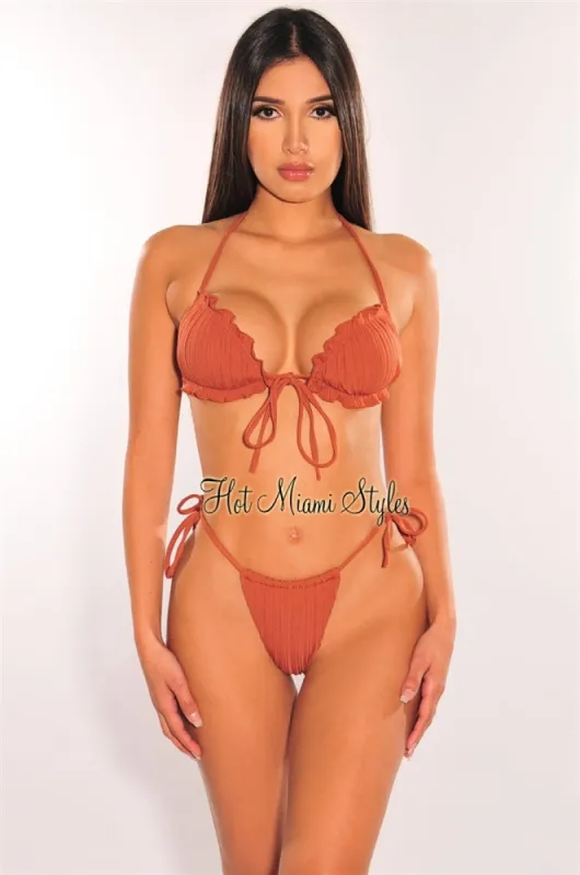 Latte Ribbed Padded Ruffle Tie Up Bikini Bottom sold by Hot Miami Styles