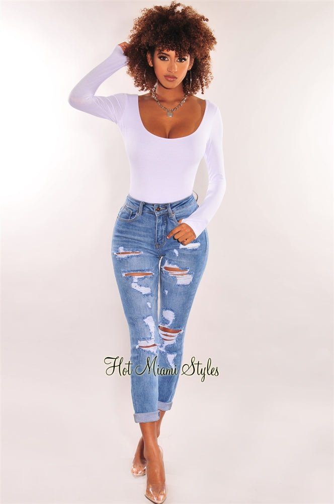 Blue Denim Distressed High Waist Straight Leg Jeans sold by Hot Miami Styles