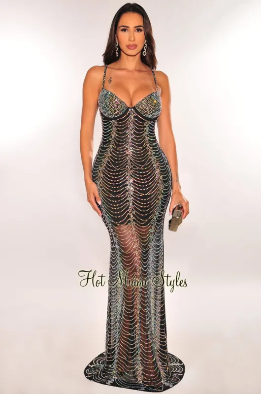 Black Rhinestone Mesh Padded Underwire Gown sold by Hot Miami Styles
