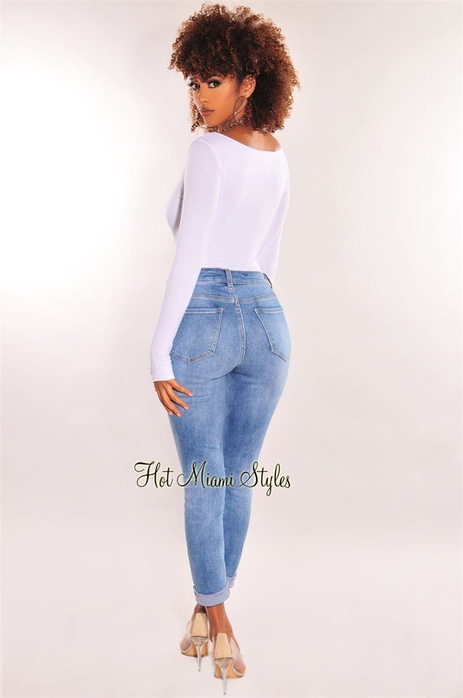 Blue Denim Distressed High Waist Straight Leg Jeans sold by Hot Miami Styles product image thumbnail 2