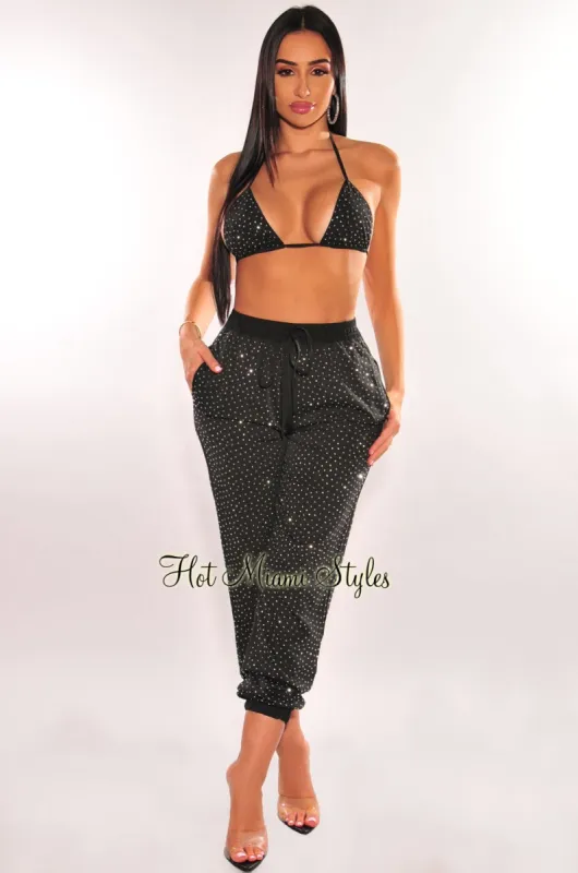 Black Silver Rhinestone Halter Triangle Top Jogger Pants Two Piece Set sold by Hot Miami Styles