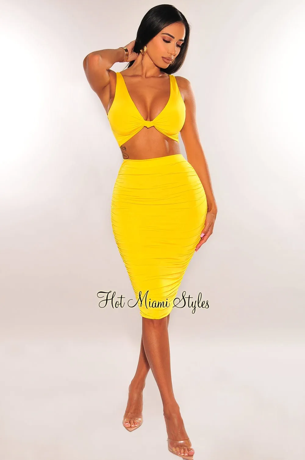 Yellow Sleeveless Knotted Ruched Skirt Two Piece Set sold by Hot Miami Styles product image thumbnail 3