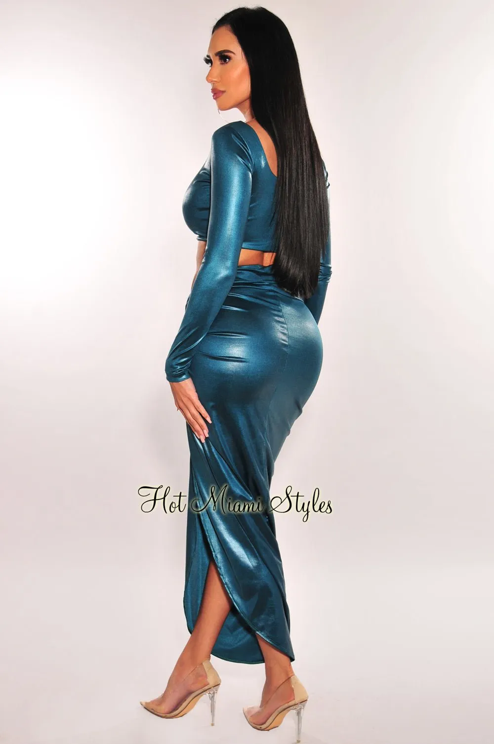 Emerald Satin Faux Leather Long Sleeve Knotted Slit Skirt Two Piece Set sold by Hot Miami Styles product image thumbnail 2