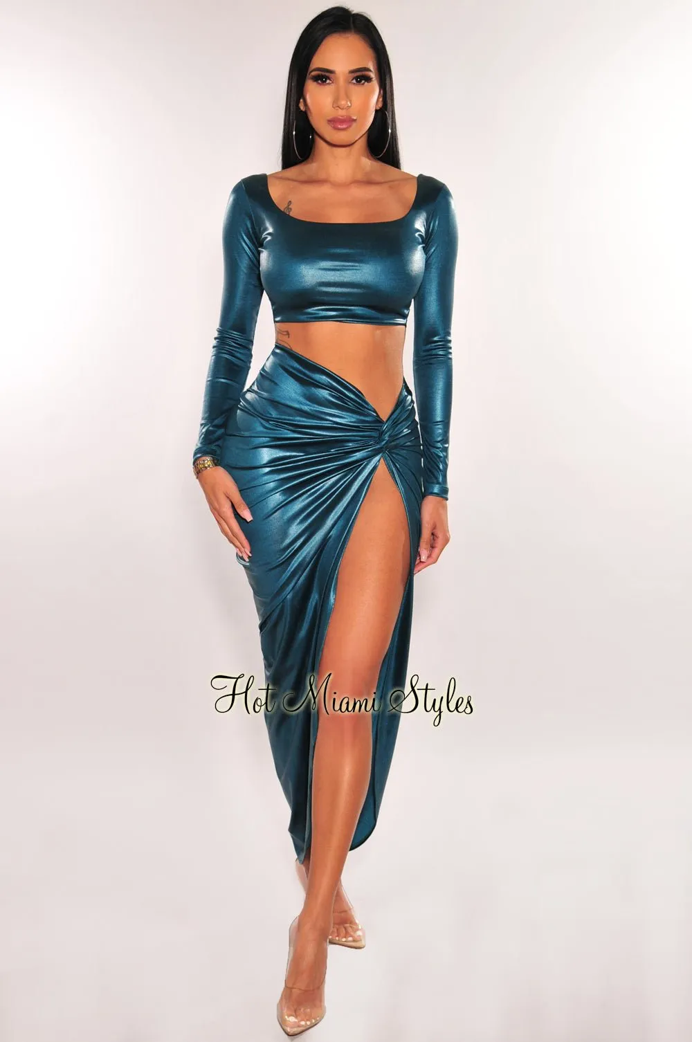 Emerald Satin Faux Leather Long Sleeve Knotted Slit Skirt Two Piece Set sold by Hot Miami Styles