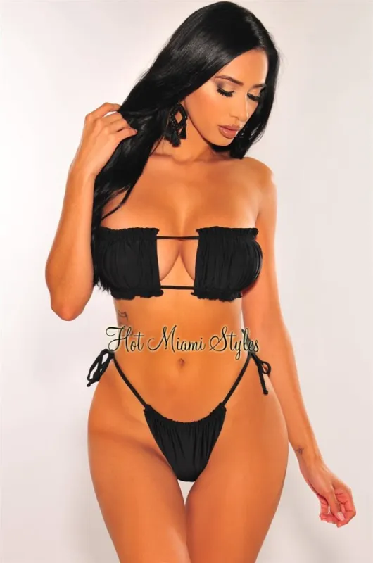 Black Ruched Bust Frill Padded Bandeau Bikini Top sold by Hot Miami Styles