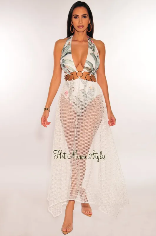 White Tropical Palm Print Halter O-Ring Net Maxi Dress sold by Hot Miami Styles