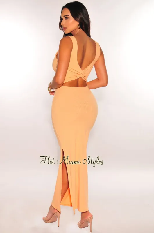 Peach Ribbed Cut Out Knotted Back Maxi Dress sold by Hot Miami Styles