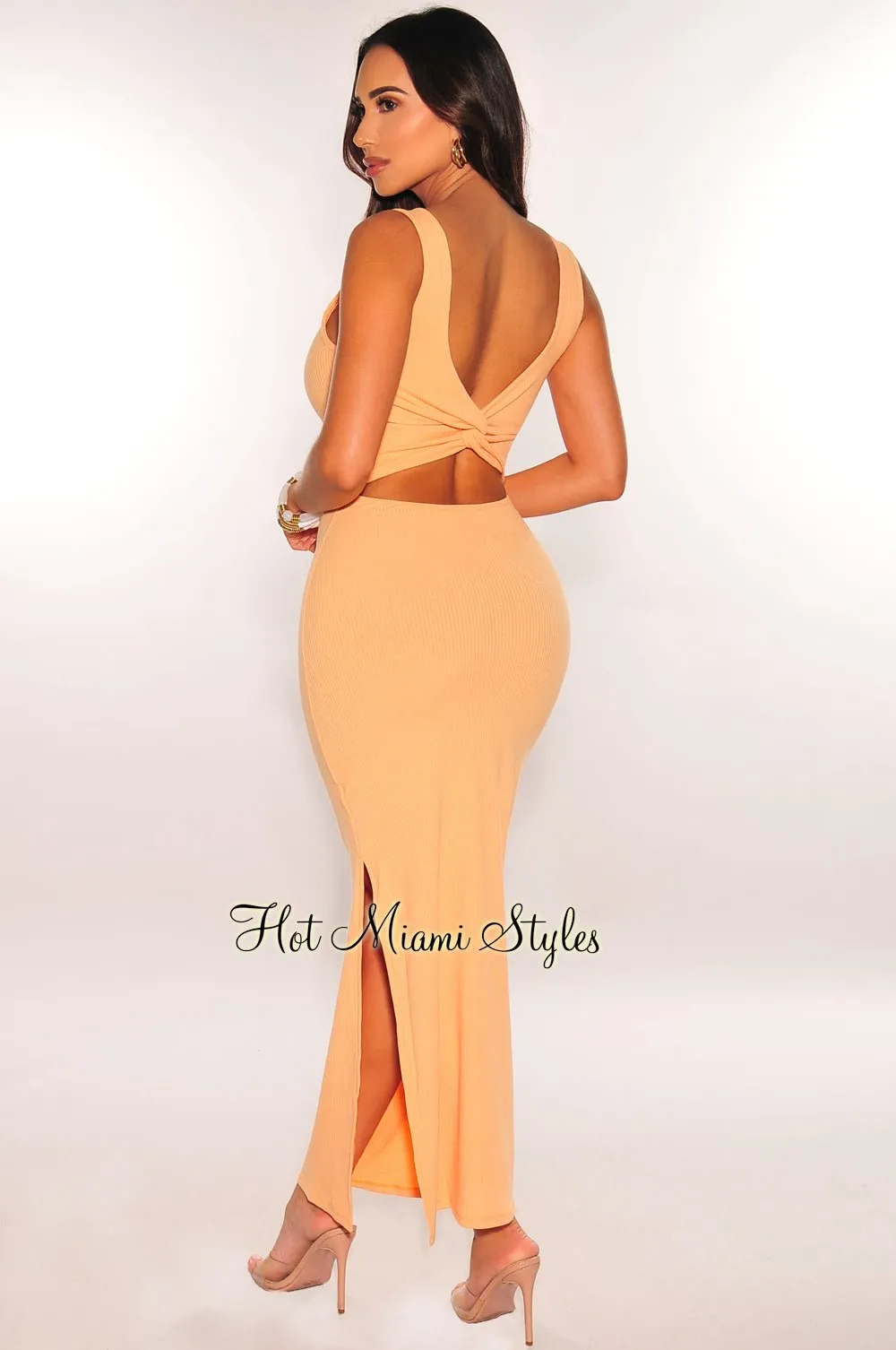 Peach Ribbed Cut Out Knotted Back Maxi Dress sold by Hot Miami Styles