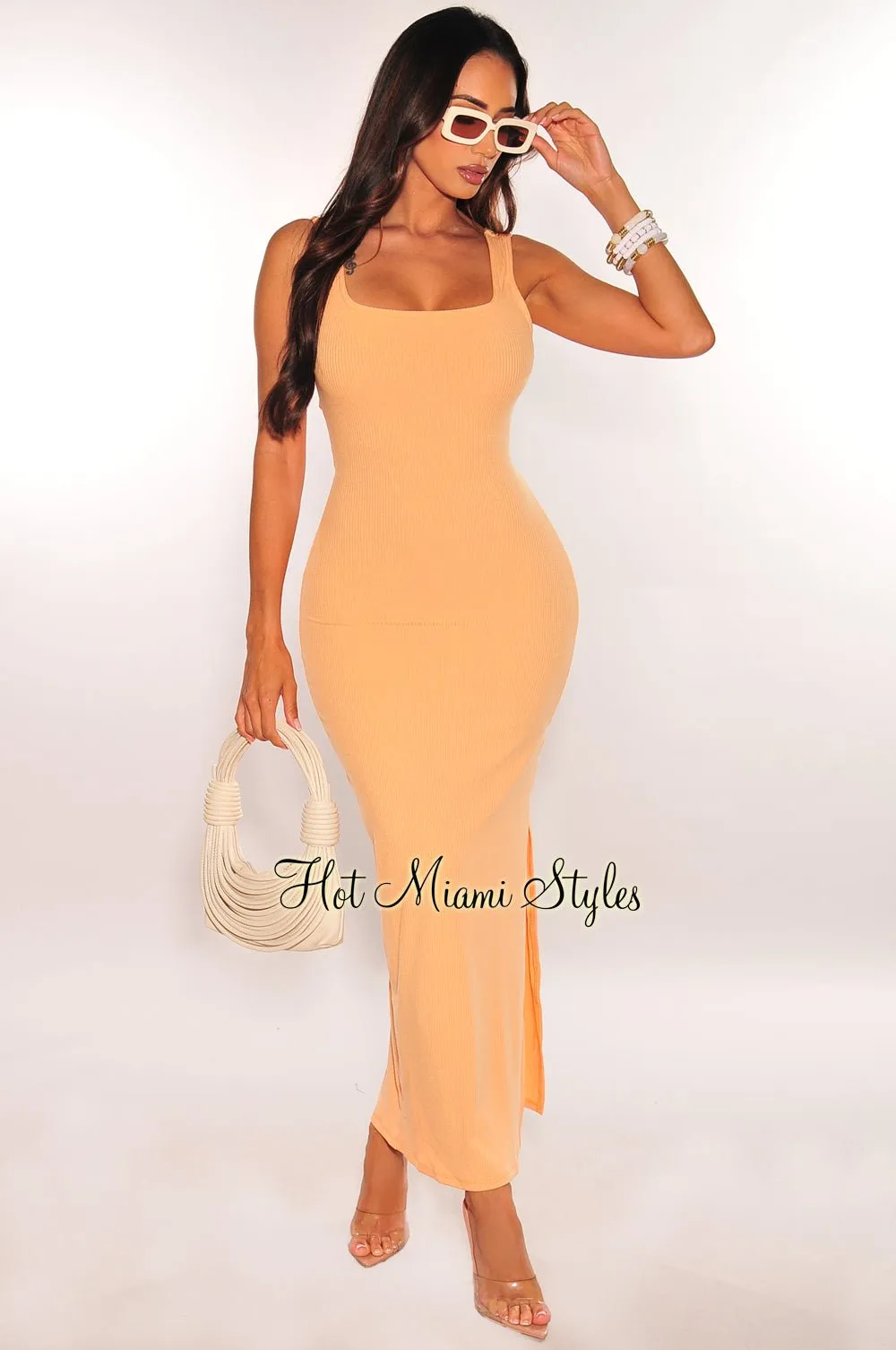 Peach Ribbed Cut Out Knotted Back Maxi Dress sold by Hot Miami Styles product image thumbnail 2