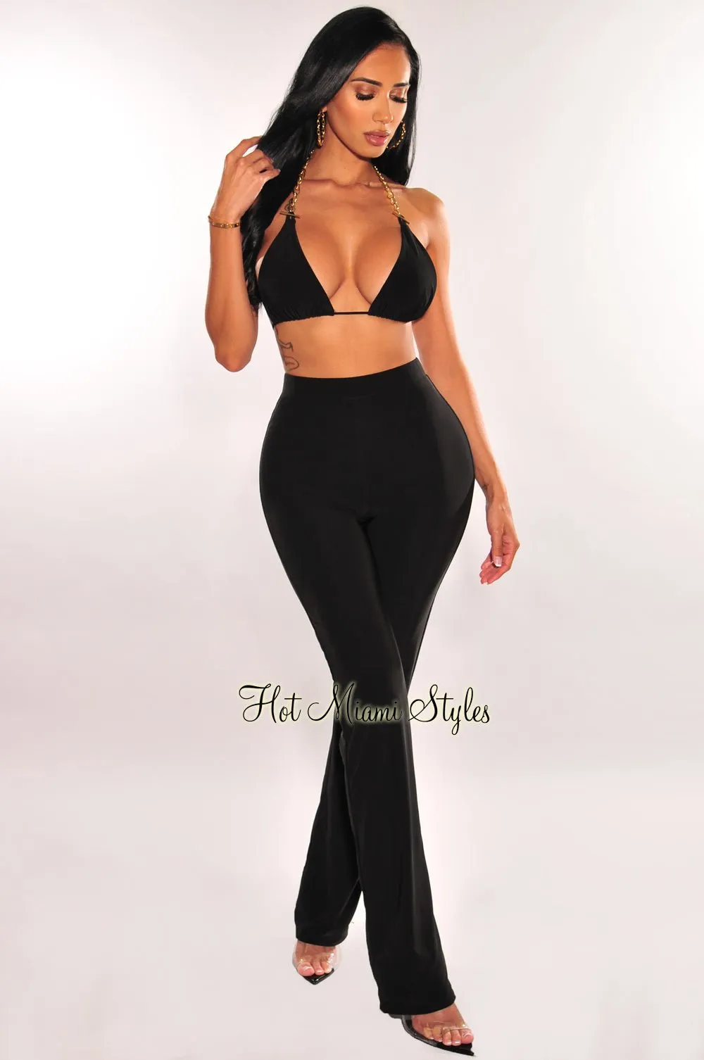 Black Gold Chain Triangle Top High Waist Palazzo Pants Two Piece Set sold by Hot Miami Styles