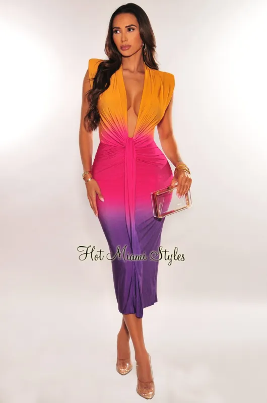 Sunset Plunge Neck Sleeveless Ruched Midi Dress sold by Hot Miami Styles