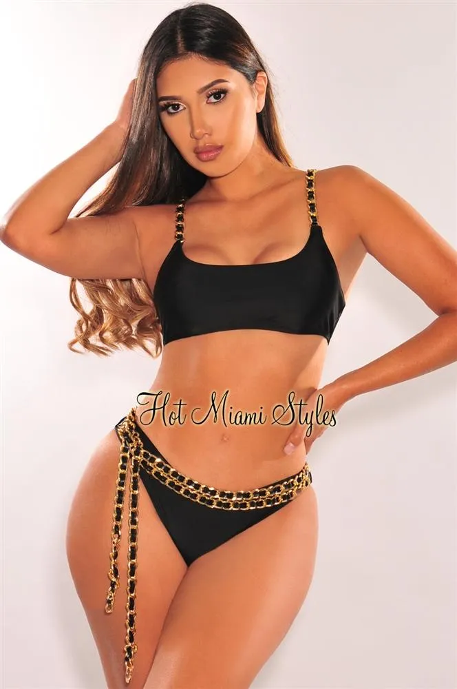 Black Gold Chain Straps Belted Scrunch Butt Bikini Top sold by Hot Miami Styles