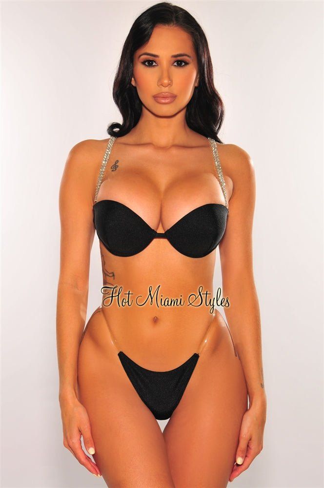 Black Rhinestone Padded Clear Straps Scrunch Butt Bikini sold by Hot Miami Styles product image thumbnail 2