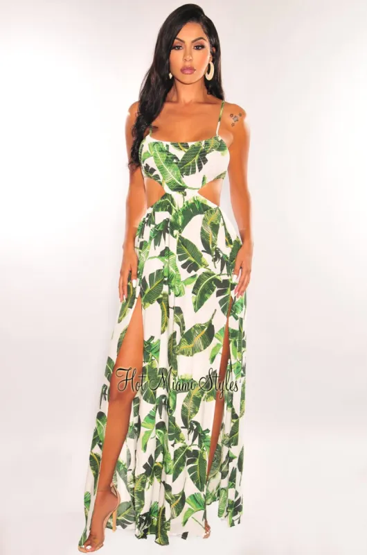 White Palm Print Smocked Cut Out Double Slit Maxi Dress sold by Hot Miami Styles
