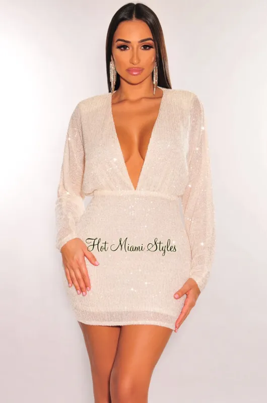 Cream Sequins Plunge V Neck Long Sleeve Mini Dress sold by Hot Miami Styles