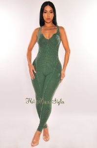 Green Wash Ribbed Knit Sleeveless Exposed Seams Jumpsuit sold by Hot Miami Styles