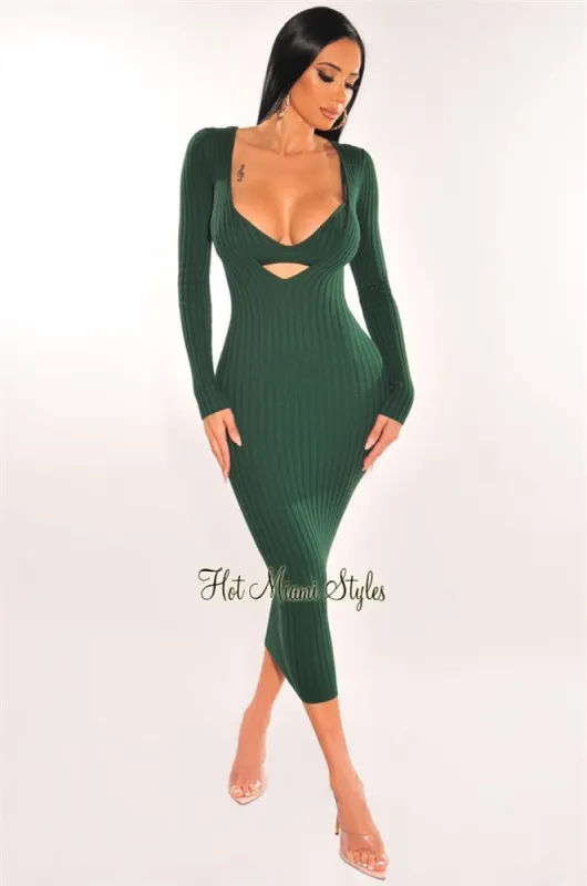 Hunter Green Ribbed Knit Plunge Neck Long Sleeve Midi Dress + Bralette sold by Hot Miami Styles