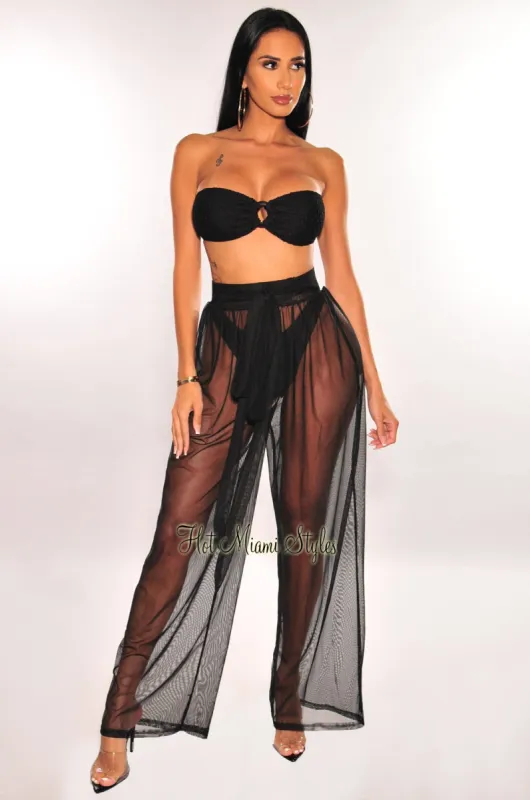 Black Mesh Sheer Belted High Waist Palazzo Pants Cover Up sold by Hot Miami Styles