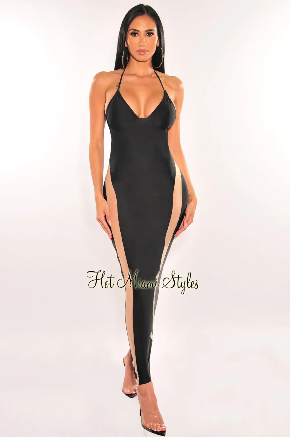 Black Nude Sheer Mesh V Neck Halter Dress sold by Hot Miami Styles