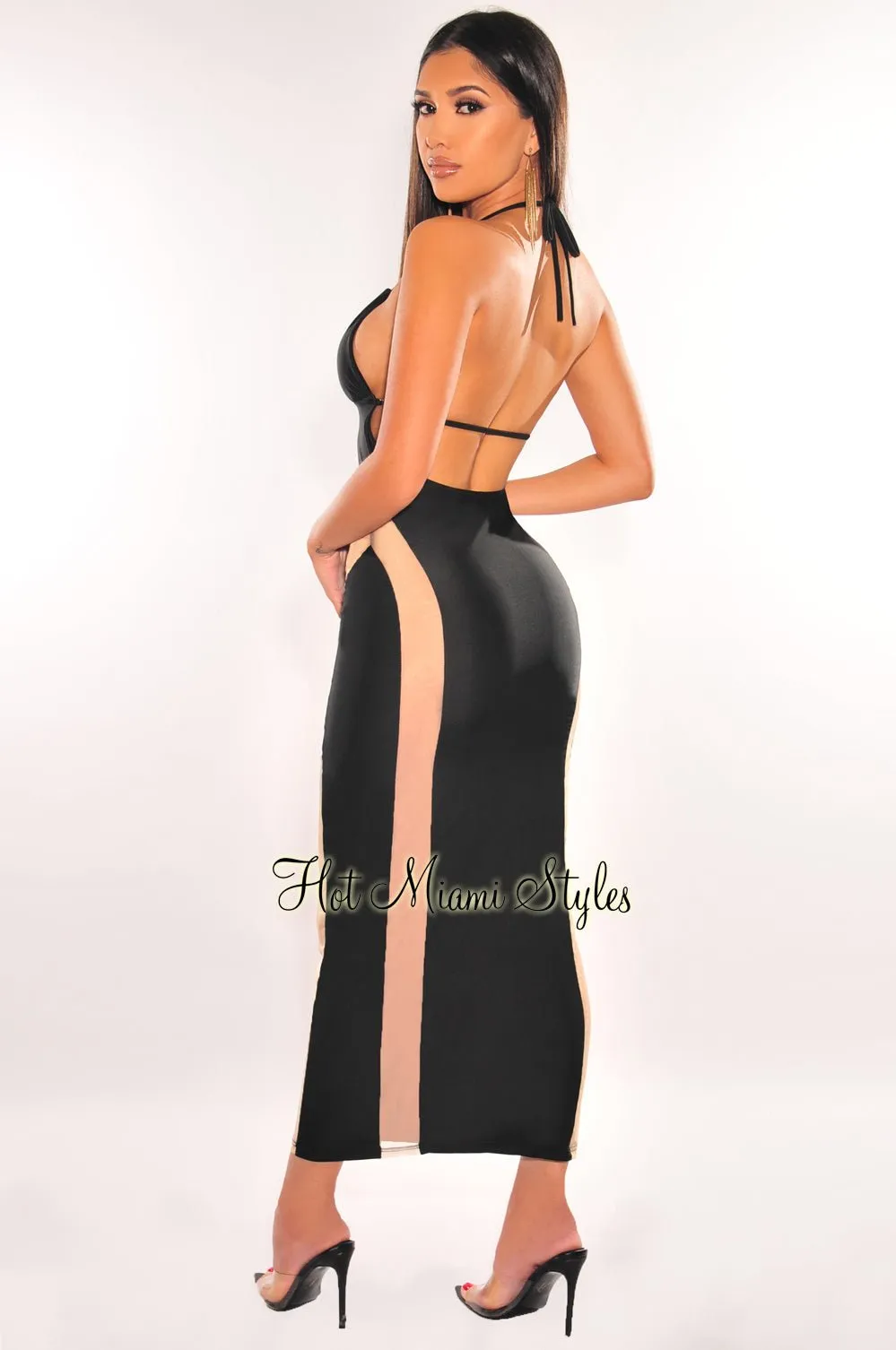 Black Nude Sheer Mesh V Neck Halter Dress sold by Hot Miami Styles product image thumbnail 2