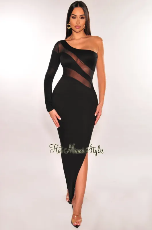 Black Mesh One Sleeve Slit Midi Dress sold by Hot Miami Styles