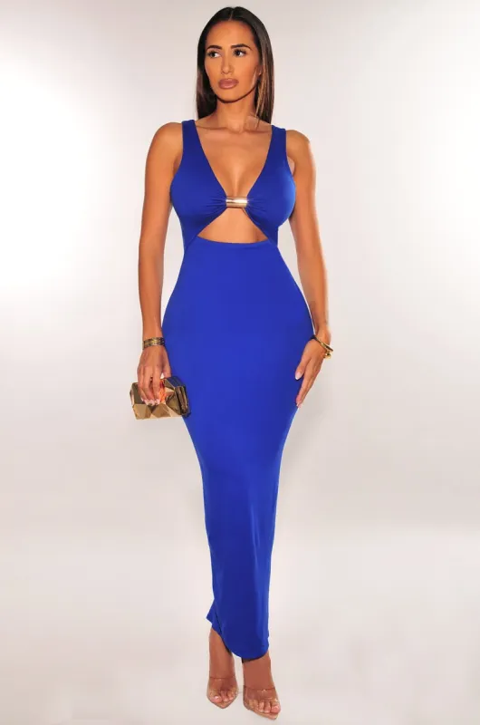 Royal Blue Gold Ring Sleeveless Cut Out Back Slit Dress sold by Hot Miami Styles