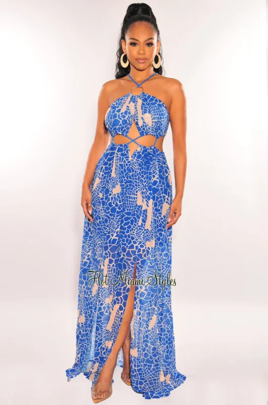 Royal Blue Animal Print O-Ring Cord Cut Out Double Slit Maxi Dress sold by Hot Miami Styles