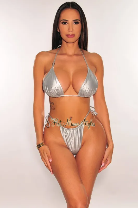 Silver Chrome Halter Tie Up Sides Thong Bikini sold by Hot Miami Styles