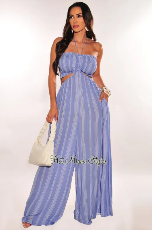 Blue Striped Smocked Halter Drawstring Cut Out Jumpsuit sold by Hot Miami Styles