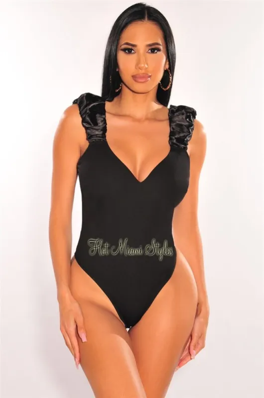 Black Sweetheart Satin Ruched Straps Sleeveless Bodysuit sold by Hot Miami Styles