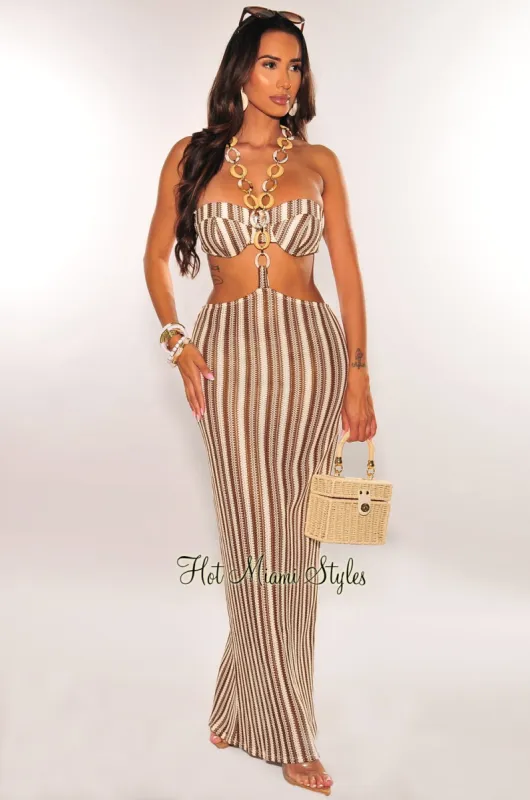 Mocha White Crochet Padded Strapless O Ring Halter Skirt Two Piece Set sold by Hot Miami Styles
