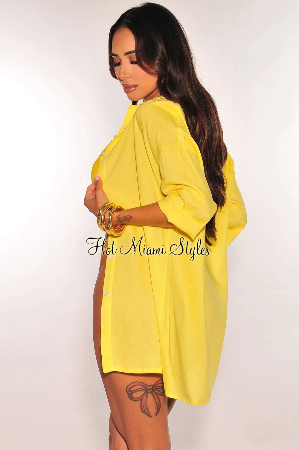 Yellow Collared Button Up ¾ Sleeves Cover Up Shirt sold by Hot Miami Styles product image thumbnail 4