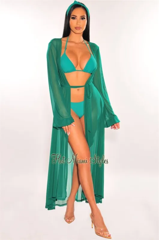 Emerald Mesh Long Sleeves Belted Maxi Cover Up sold by Hot Miami Styles
