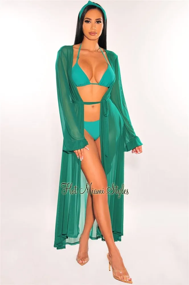 Emerald Mesh Long Sleeves Belted Maxi Cover Up sold by Hot Miami Styles