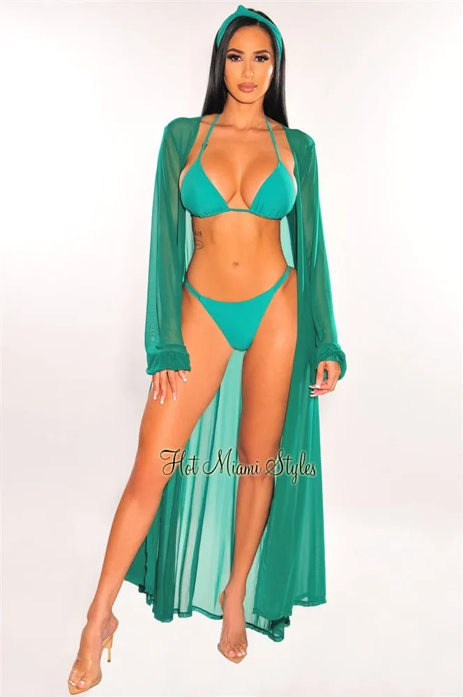 Emerald Mesh Long Sleeves Belted Maxi Cover Up sold by Hot Miami Styles product image thumbnail 2