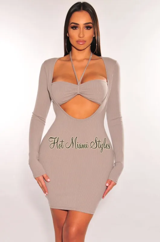 Light Gray Ribbed Halter Cut Out Long Sleeve Dress sold by Hot Miami Styles